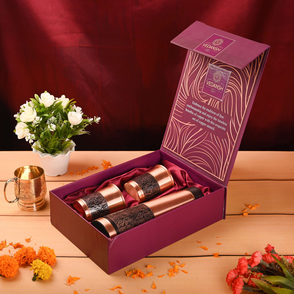 Copper Premium Pen Sparkle Bottle with Glass Set Gift Box/Hamper Vedansh Craft