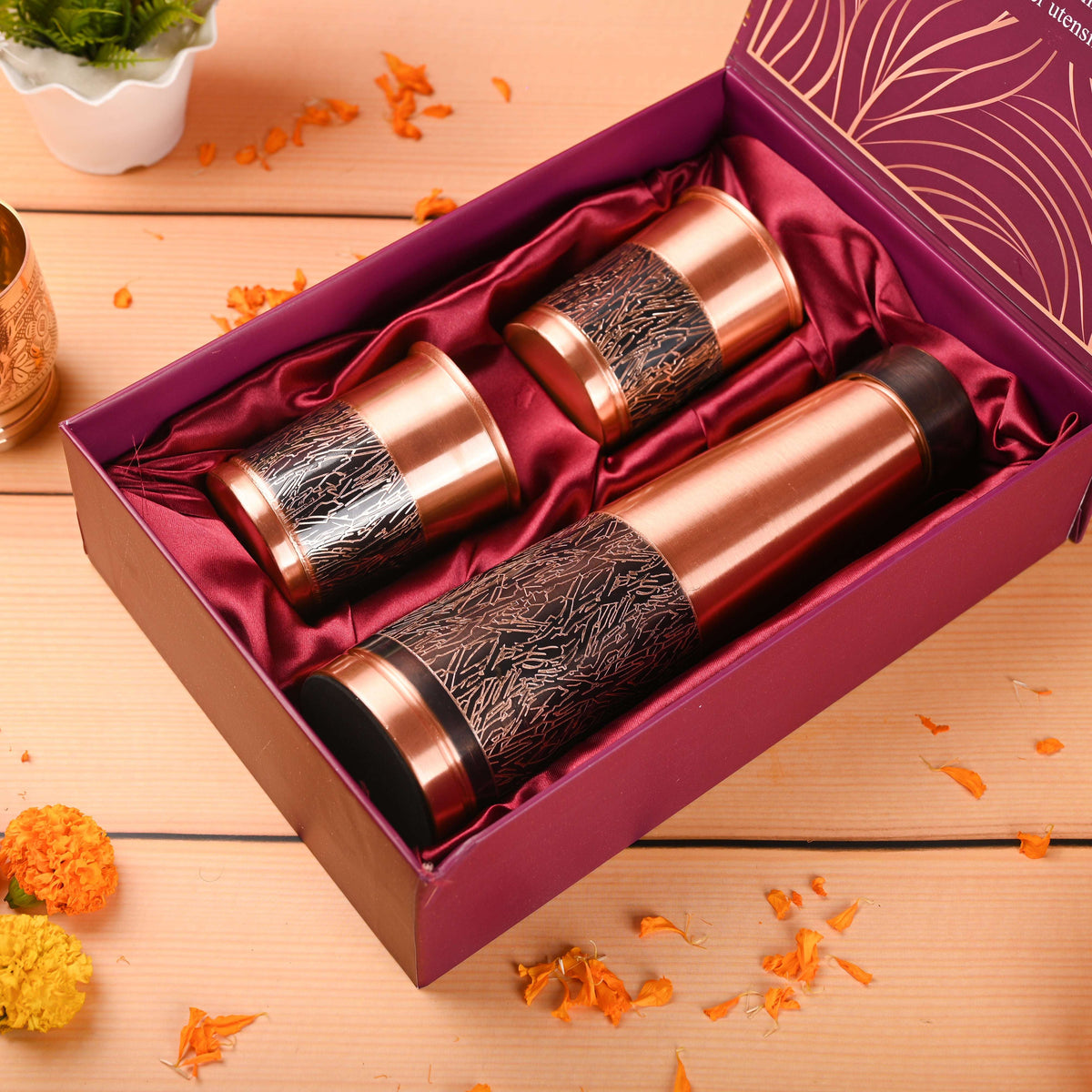 Copper Premium Pen Sparkle Bottle with Glass Set Gift Box/Hamper Vedansh Craft