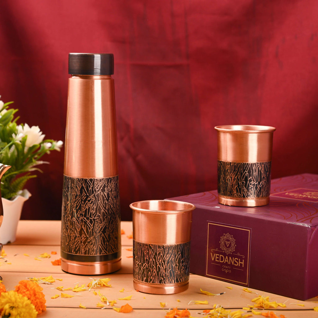 Copper Premium Pen Sparkle Bottle with Glass Set Gift Box/Hamper Vedansh Craft