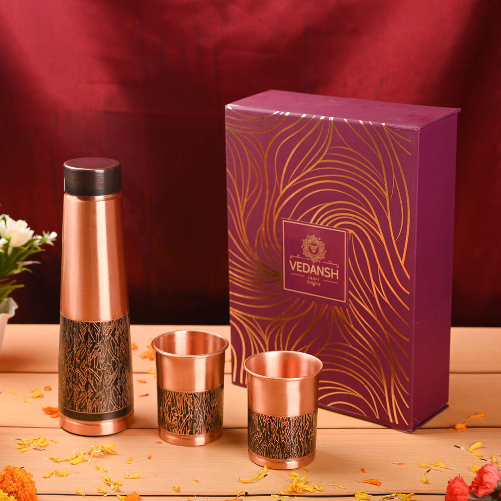 Copper Premium Pen Sparkle Bottle with Glass Set Gift Box/Hamper Vedansh Craft