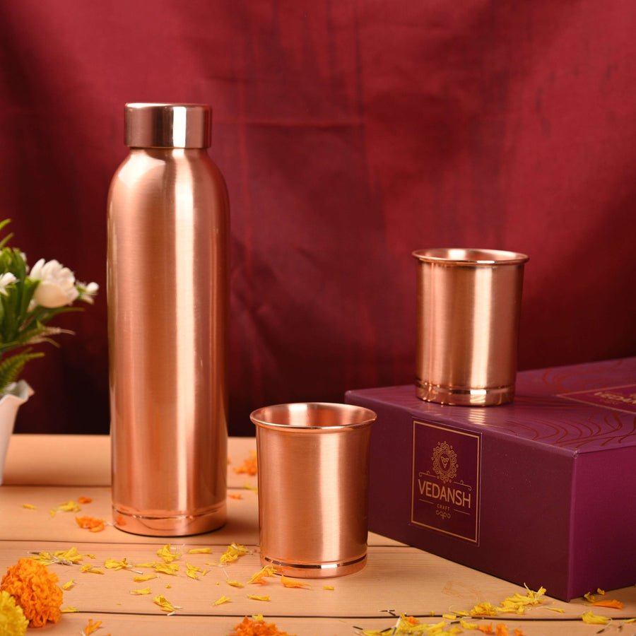 Copper Premium Lemon Matt Bottle with Glass Set Gift Box/Hamper Vedansh Craft