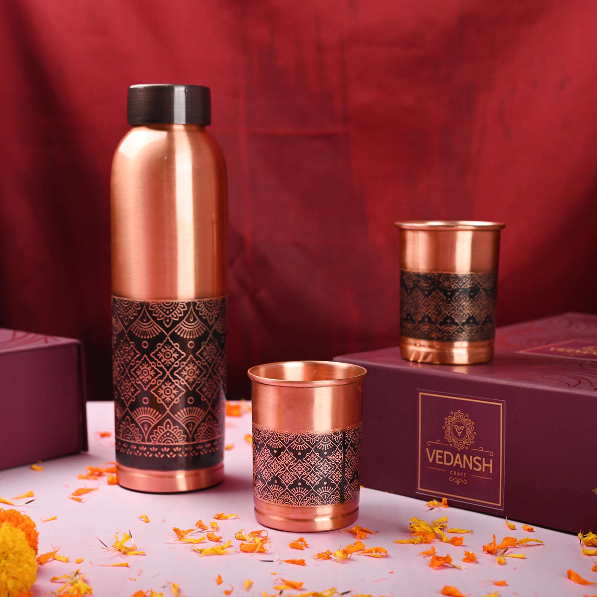 Copper Premium Lemon Bottle with Glass Set Gift Box/Hamper Vedansh Craft