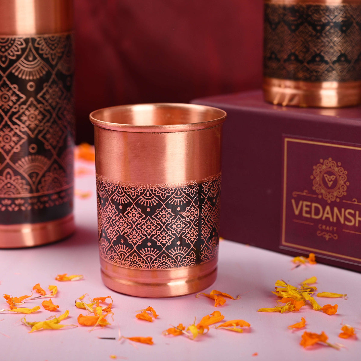 Copper Premium Lemon Bottle with Glass Set Gift Box/Hamper Vedansh Craft