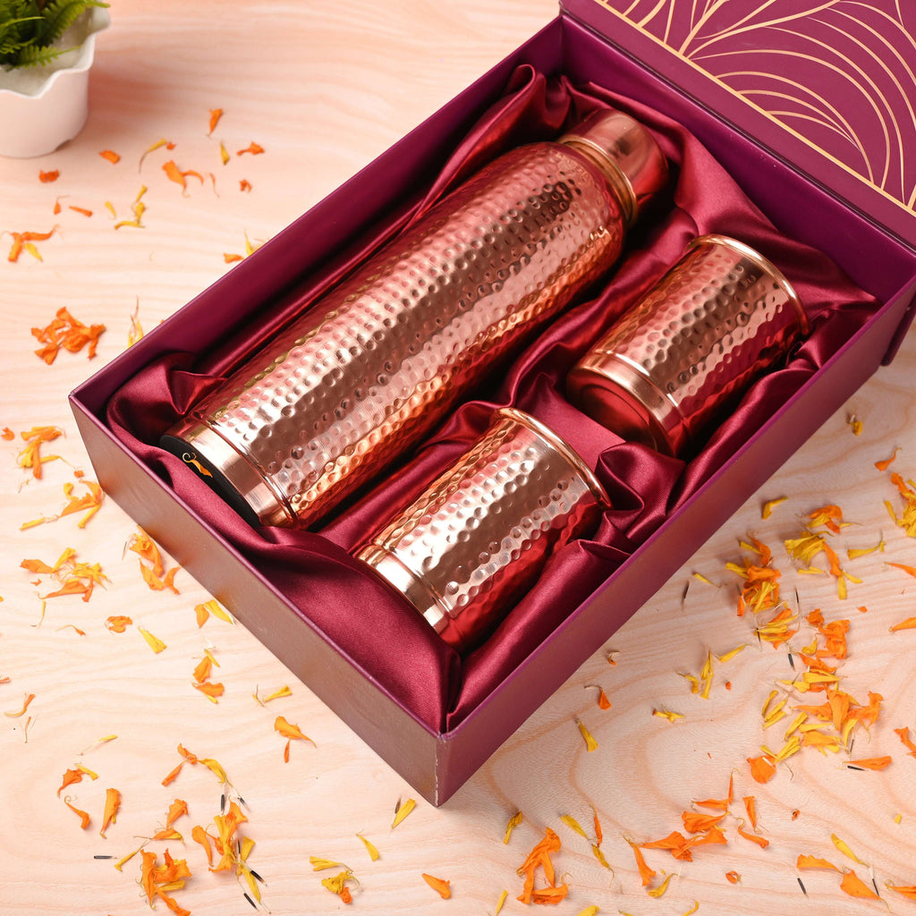 Copper Premium Lemon Hammered Bottle with Glass Set Gift Box/Hamper Vedansh Craft