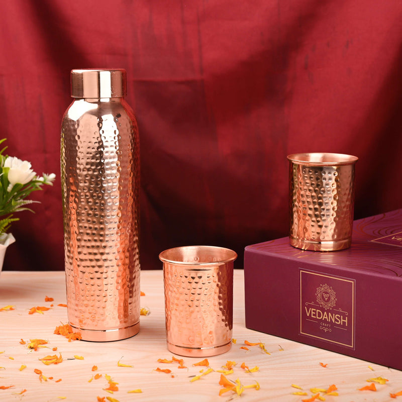 Copper Premium Lemon Hammered Bottle with Glass Set Gift Box/Hamper Vedansh Craft