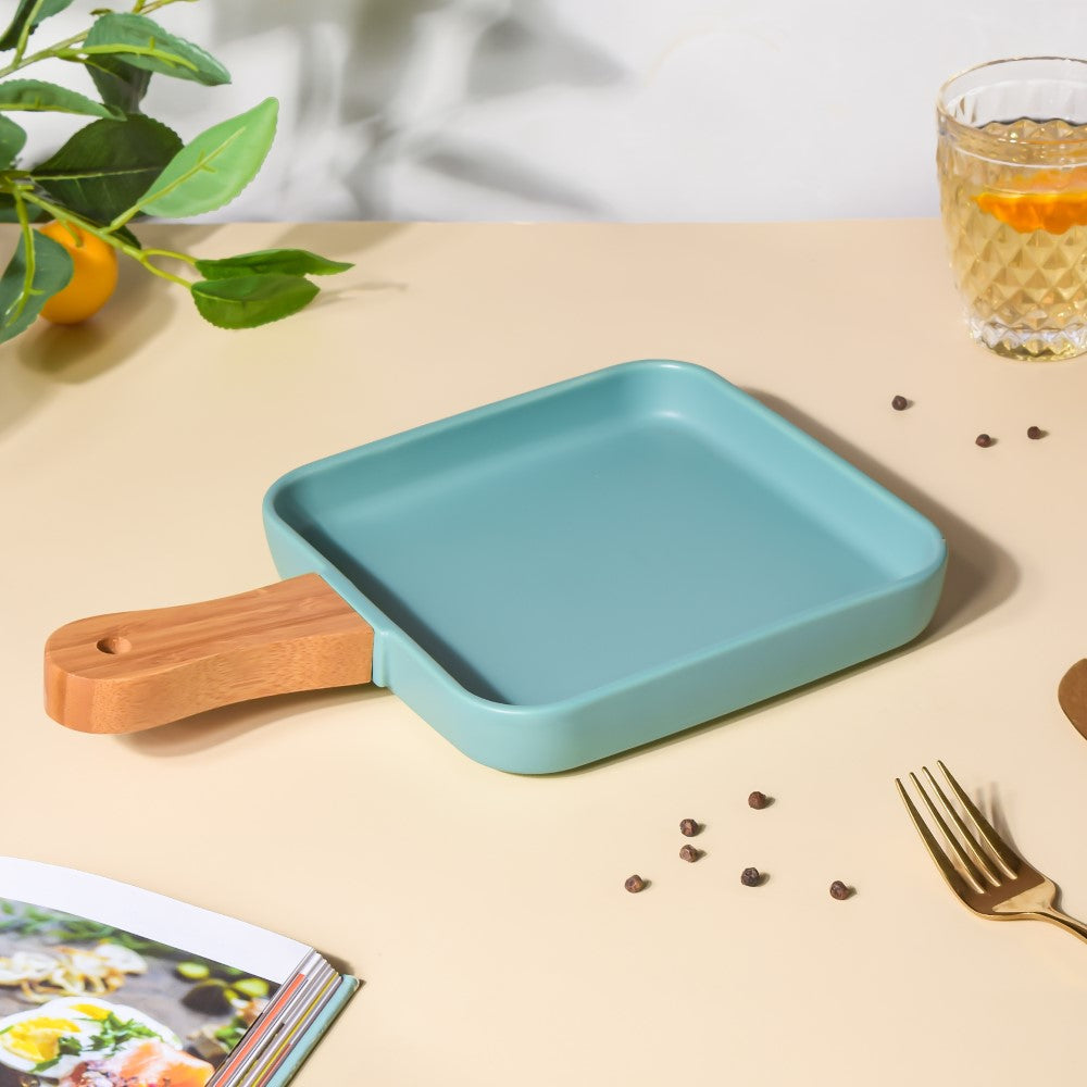 Square Plate With Wooden Handle Green