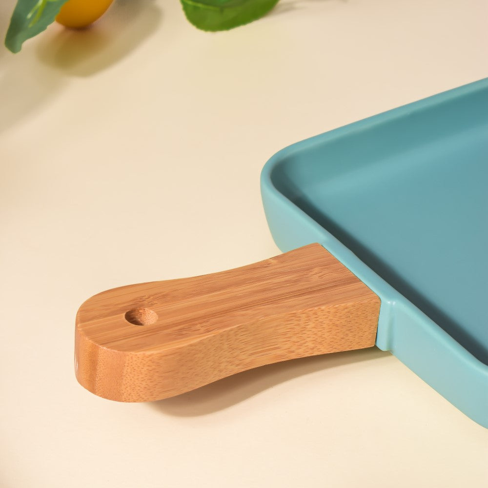 Square Plate With Wooden Handle Green