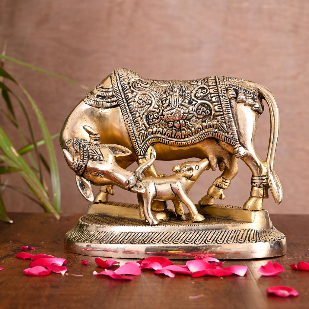 Brass Kamdhenu Cow With Calf Idol (5 Inch) Vedansh Craft