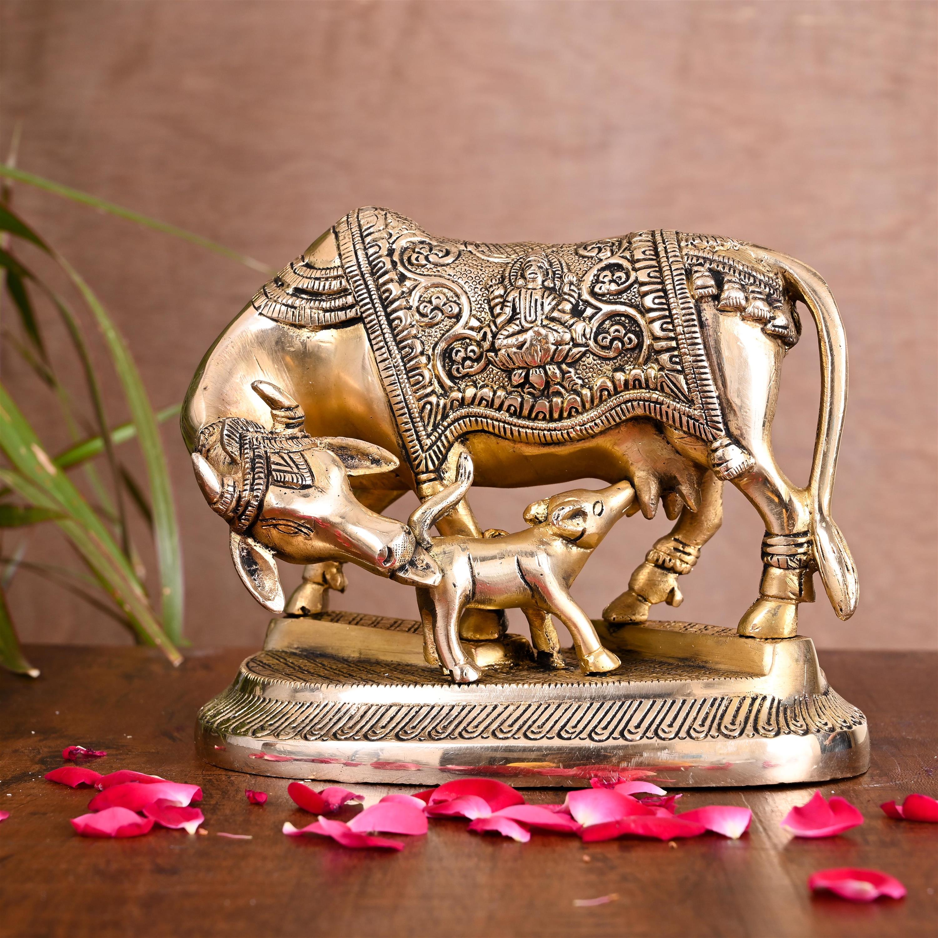Brass Kamdhenu Cow With Calf Idol (5 Inch) Vedansh Craft
