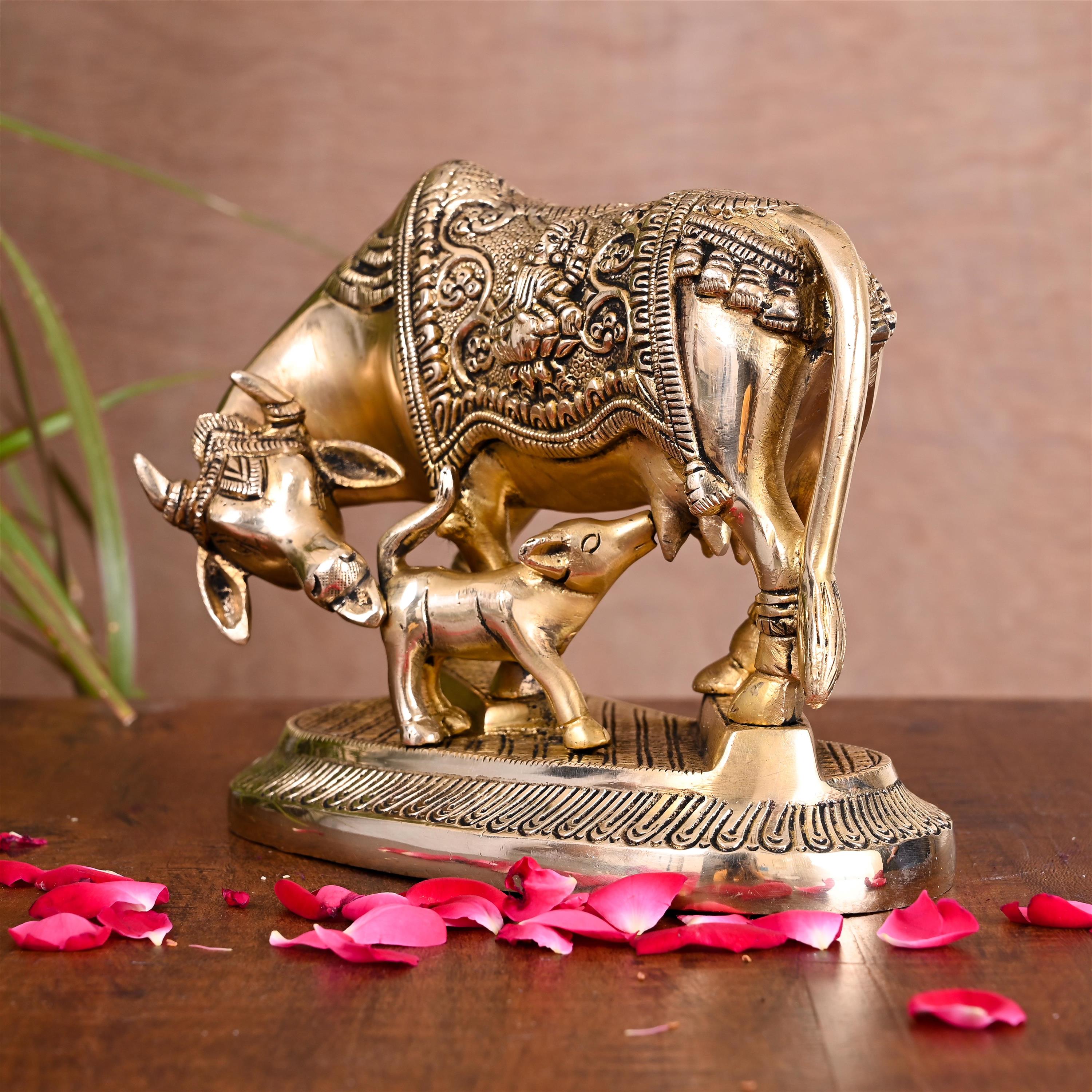 Brass Kamdhenu Cow With Calf Idol (5 Inch) Vedansh Craft