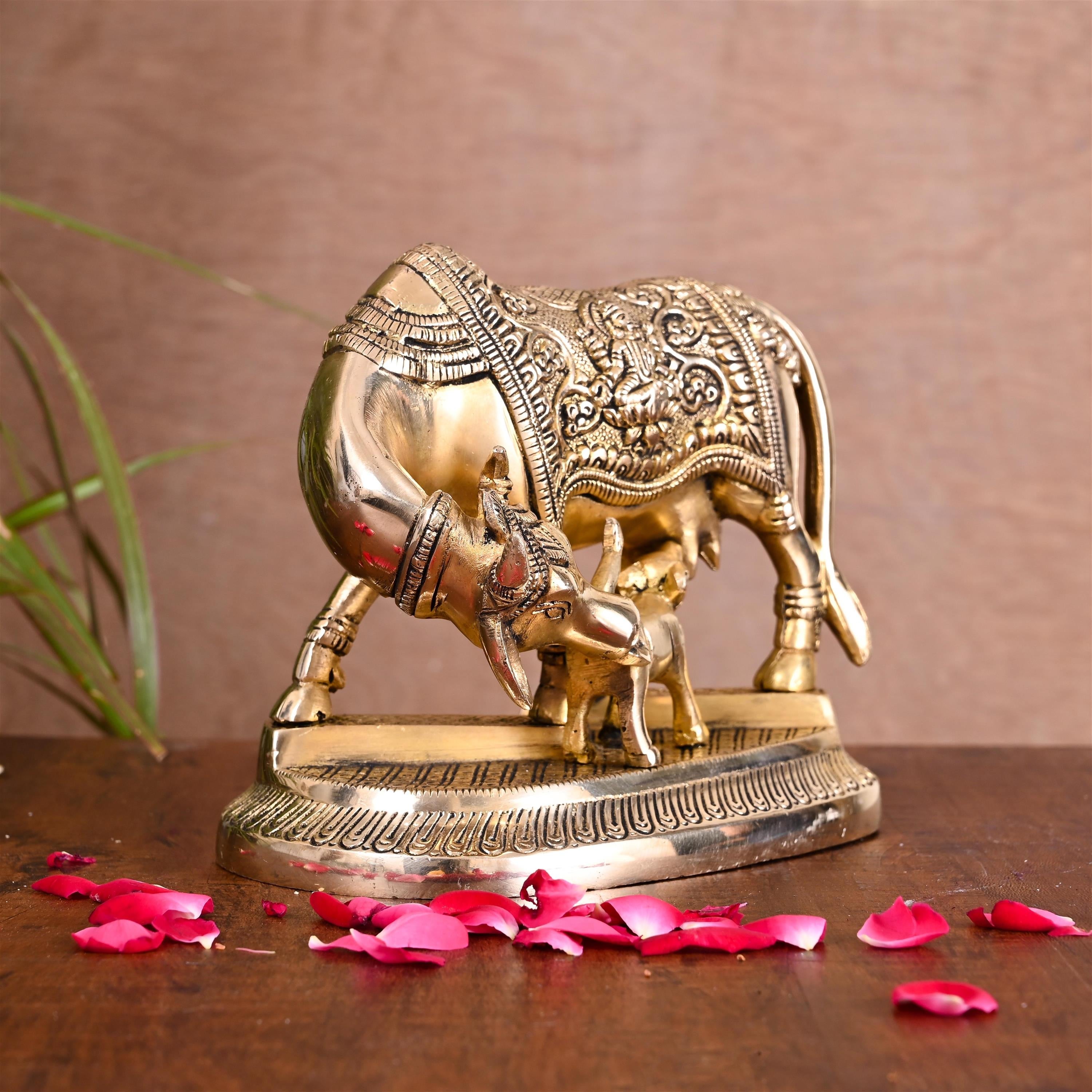 Brass Kamdhenu Cow With Calf Idol (5 Inch) Vedansh Craft