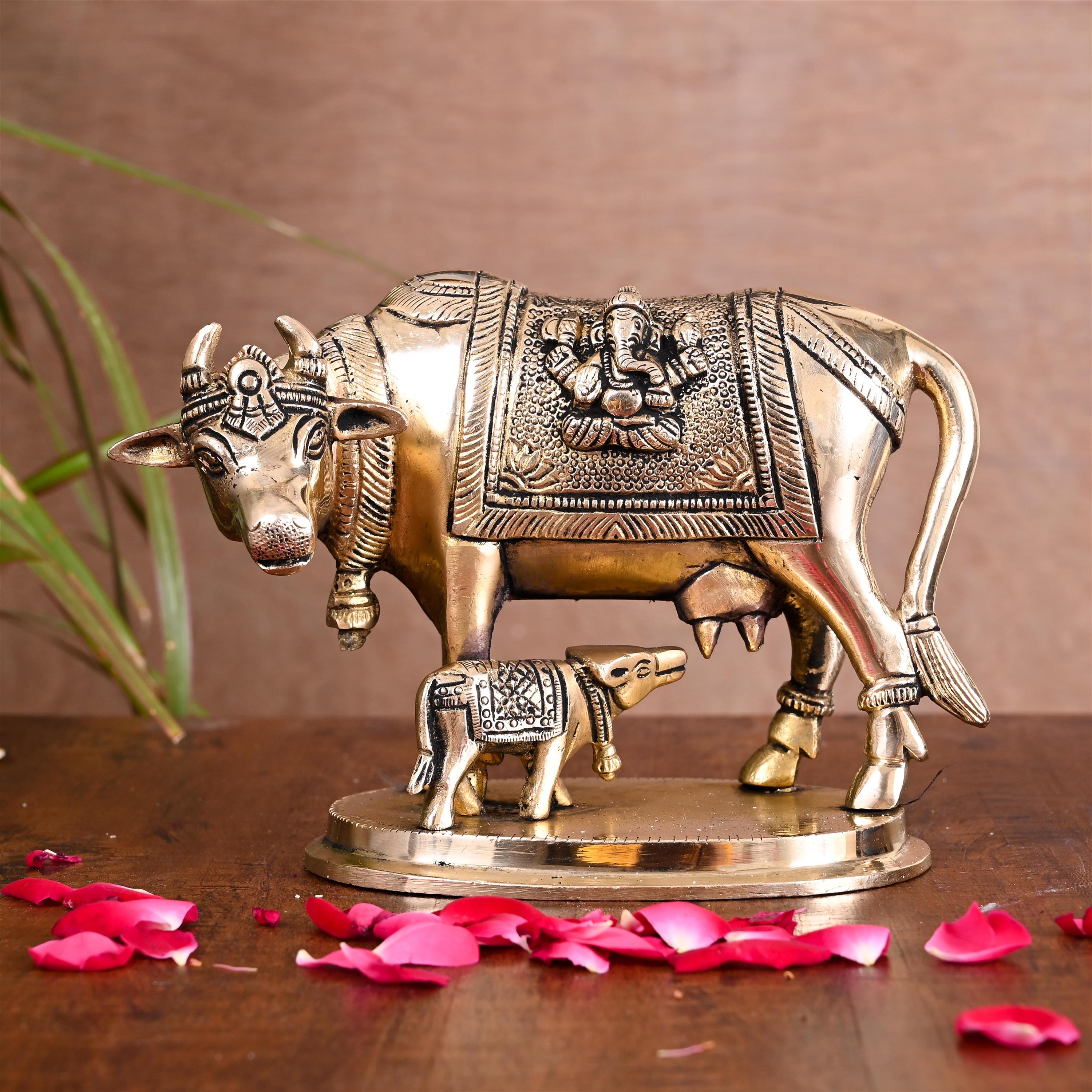 Brass Kamdhenu Cow With Calf Idol (4.5 Inch) Vedansh Craft