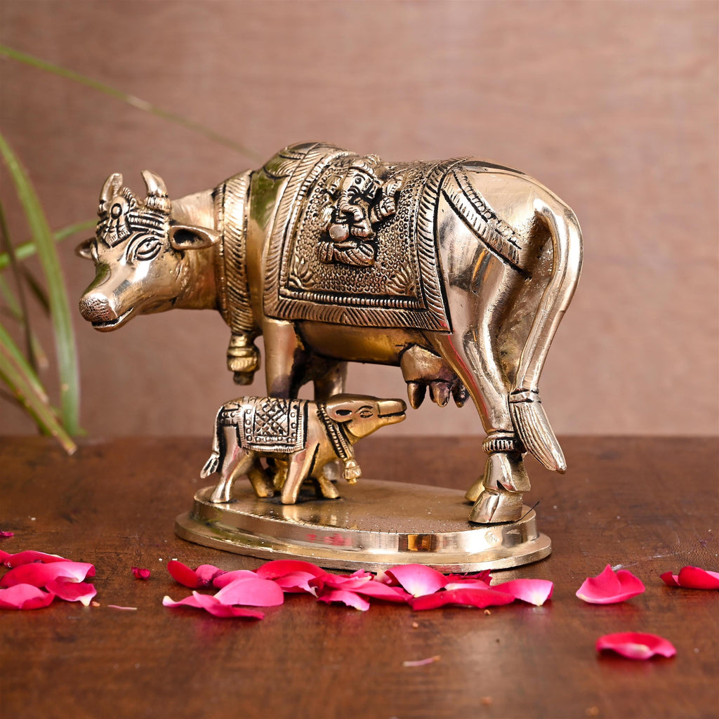 Brass Kamdhenu Cow With Calf Idol (4.5 Inch) Vedansh Craft