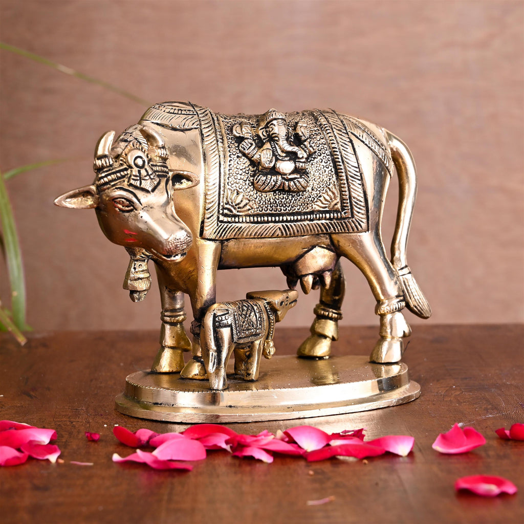 Brass Kamdhenu Cow With Calf Idol (4.5 Inch) Vedansh Craft
