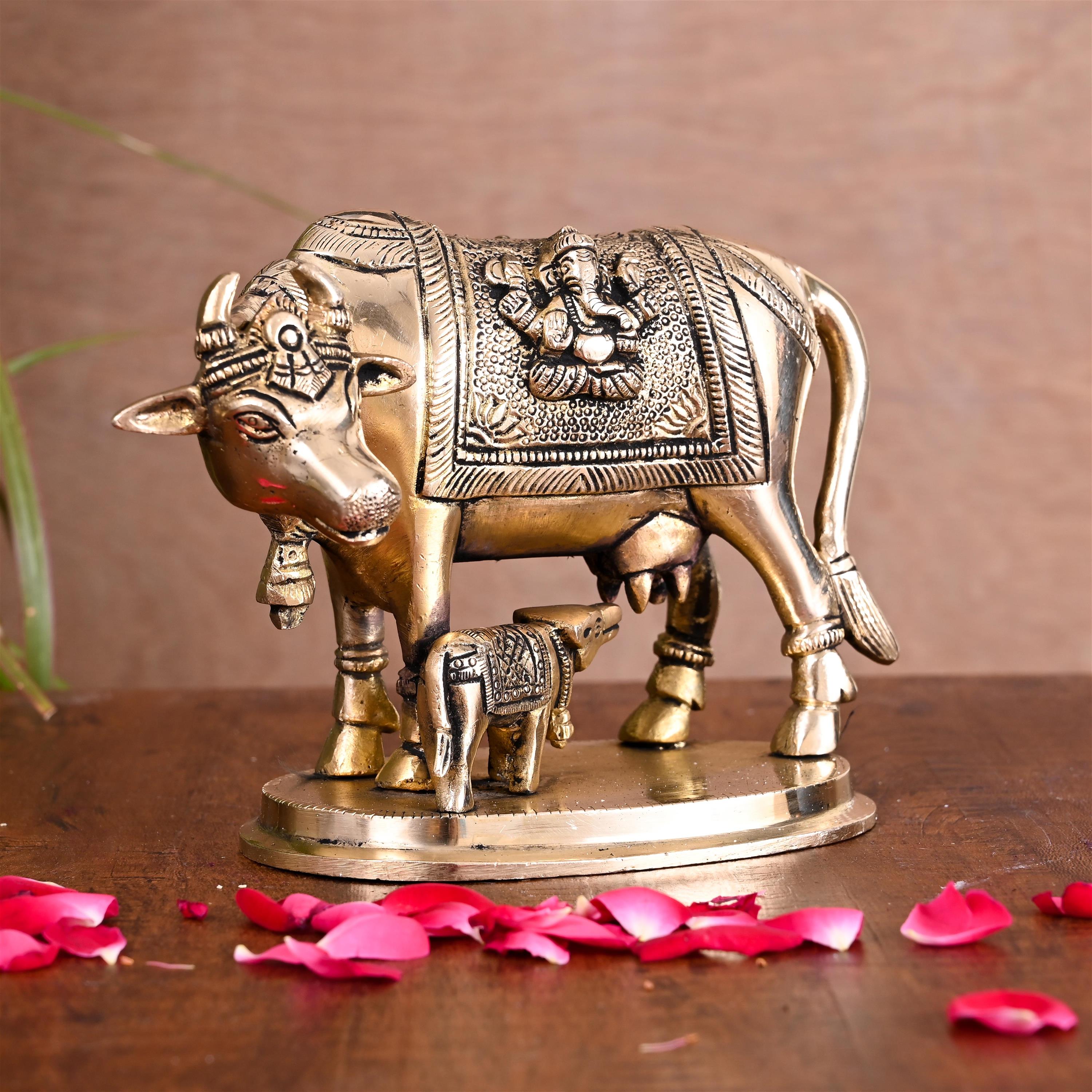Brass Kamdhenu Cow With Calf Idol (4.5 Inch) Vedansh Craft