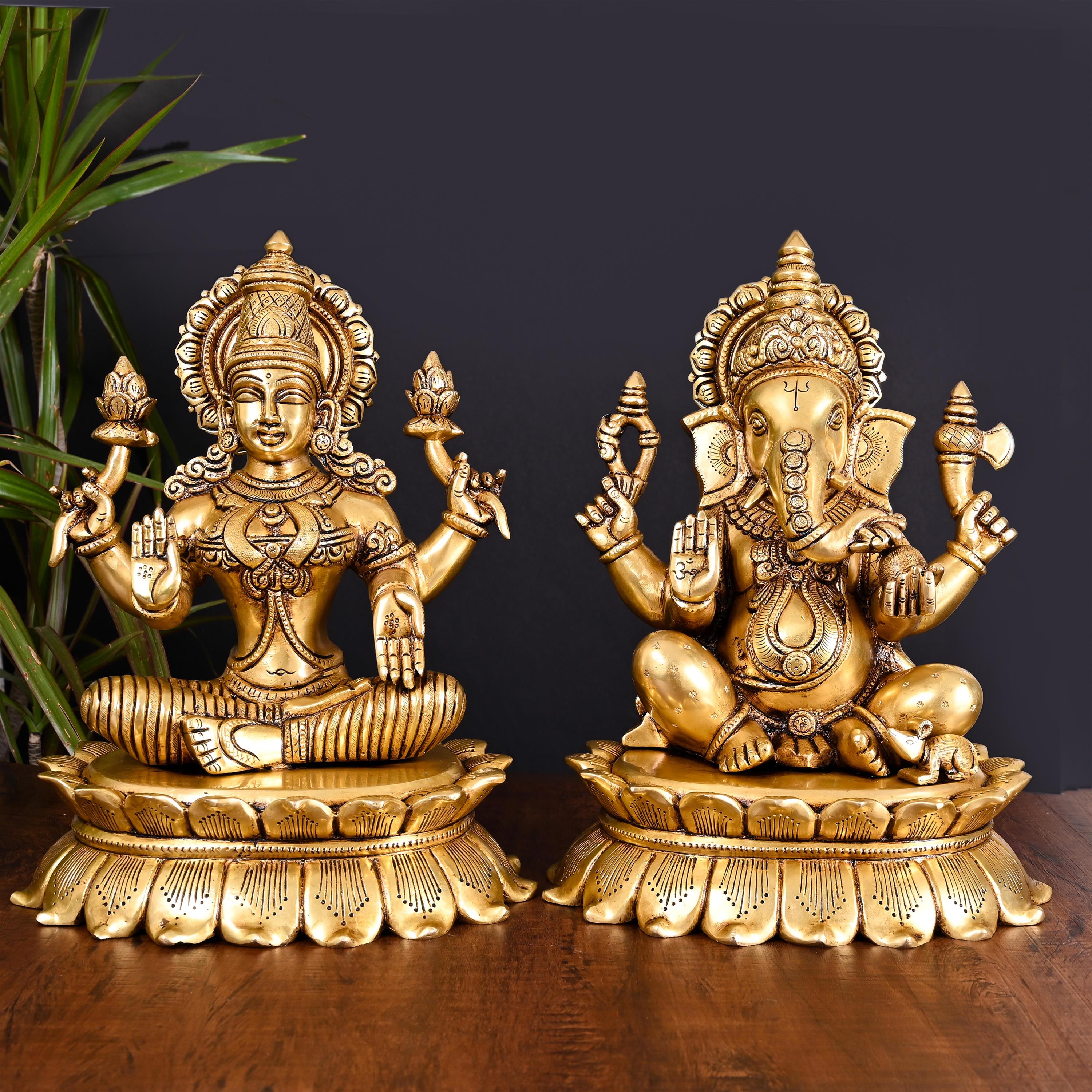 Brass Superfine Sitting Ganesha And Lakshmi Idols Set (11 Inch) Vedansh Craft