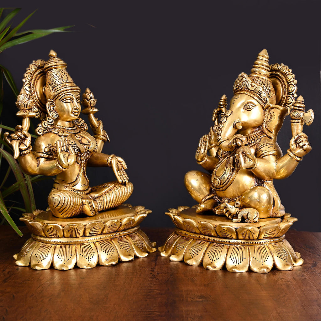 Brass Superfine Sitting Ganesha And Lakshmi Idols Set (11 Inch) Vedansh Craft