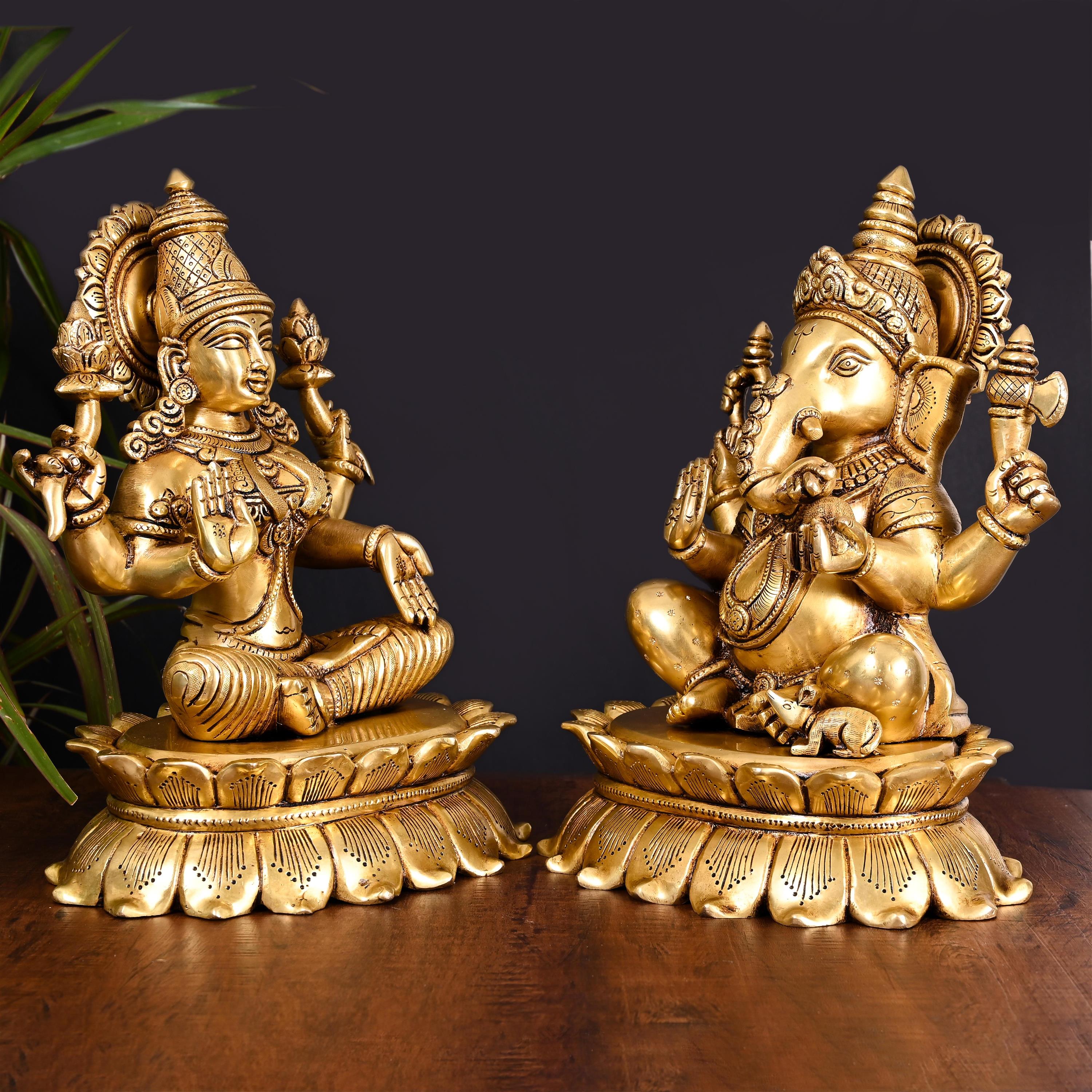 Brass Superfine Sitting Ganesha And Lakshmi Idols Set (11 Inch) Vedansh Craft
