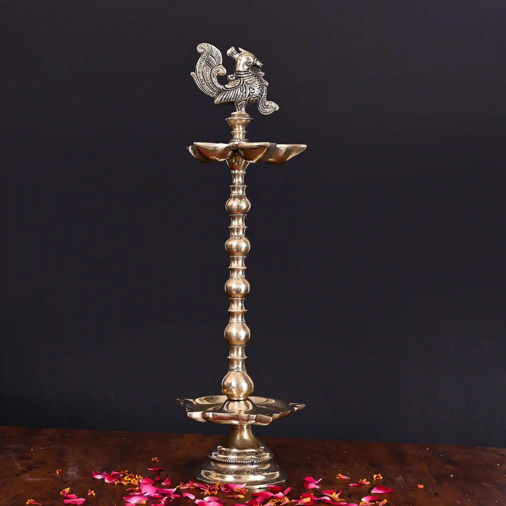 Brass 10 Petal Peacock Long Lamp (17 Inch) Vedansh Craft
