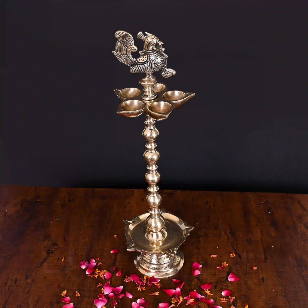 Brass 10 Petal Peacock Long Lamp (17 Inch) Vedansh Craft