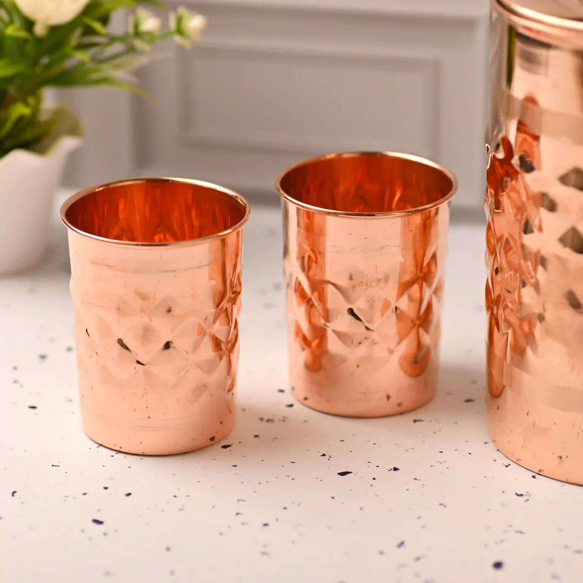 Copper Diamond Design Jug with Four Glass set (8.8 Inch) Vedansh Craft