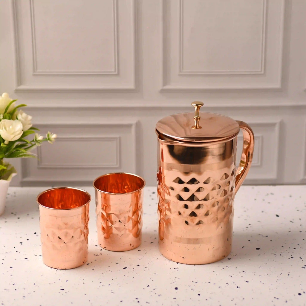 Copper Diamond Design Jug with Four Glass set (8.8 Inch) Vedansh Craft