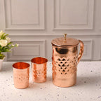 Copper Diamond Design Jug with Four Glass set (8.8 Inch) Vedansh Craft