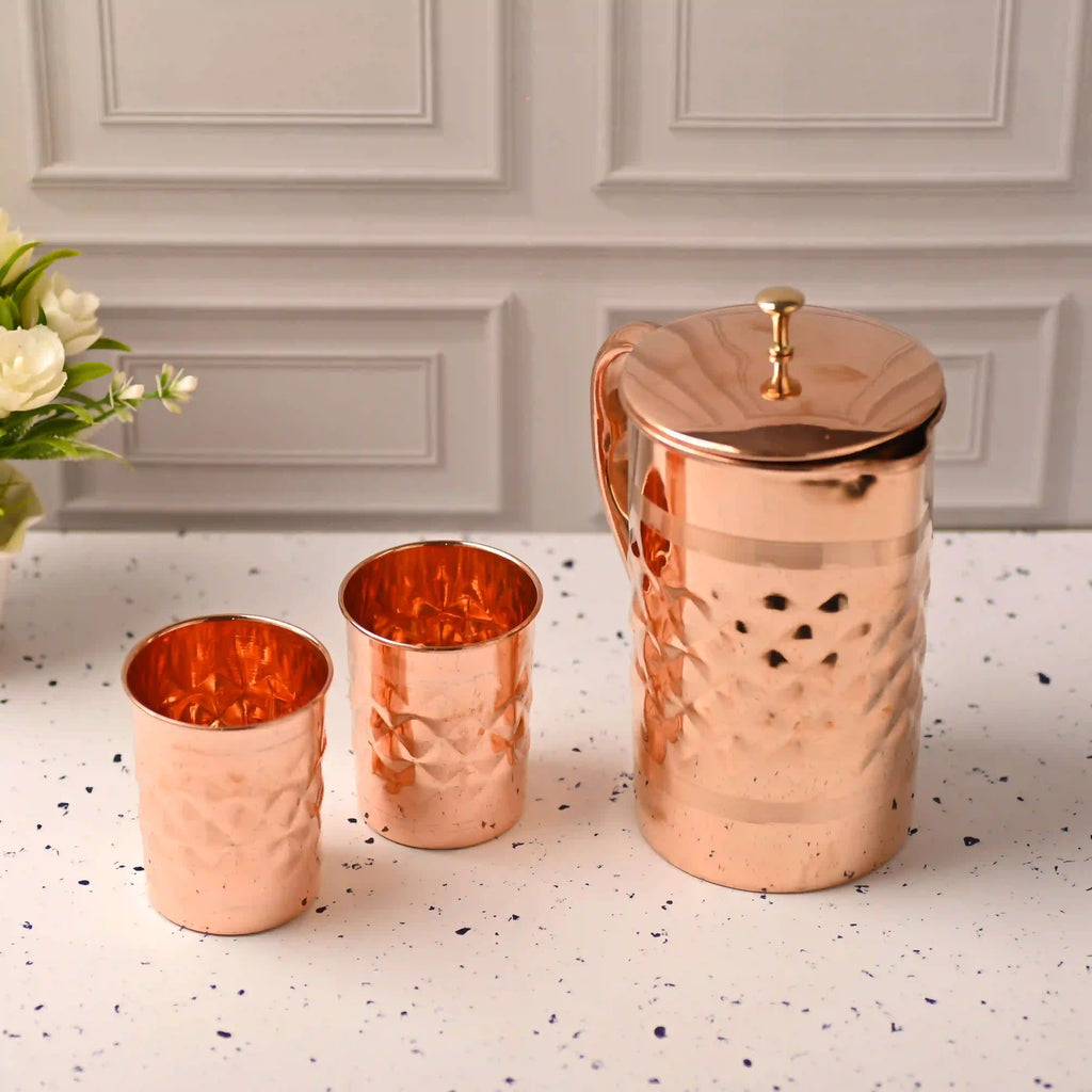 Copper Diamond Design Jug with Four Glass set (8.8 Inch) Vedansh Craft