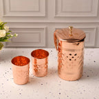 Copper Diamond Design Jug with Four Glass set (8.8 Inch) Vedansh Craft