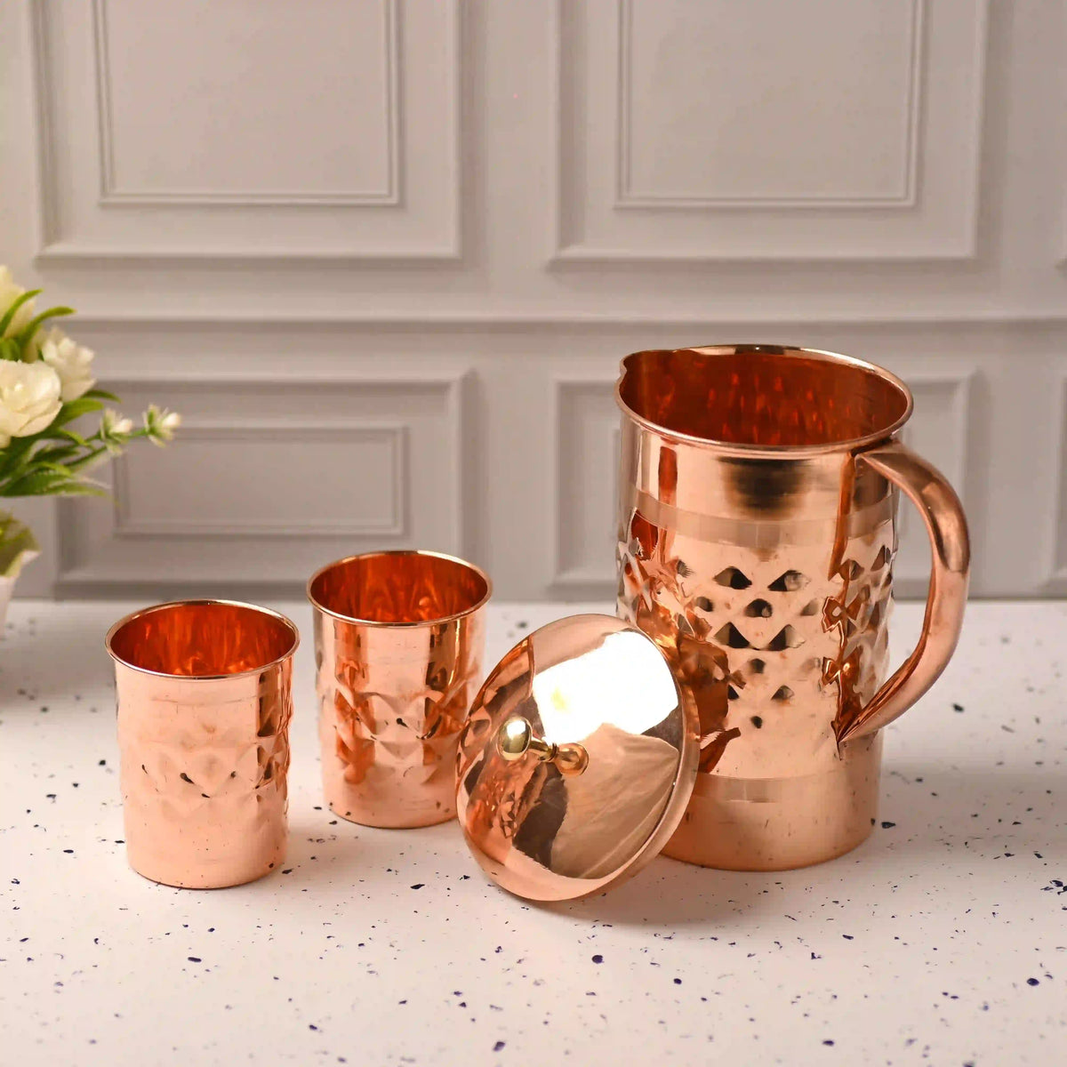 Copper Diamond Design Jug with Four Glass set (8.8 Inch) Vedansh Craft
