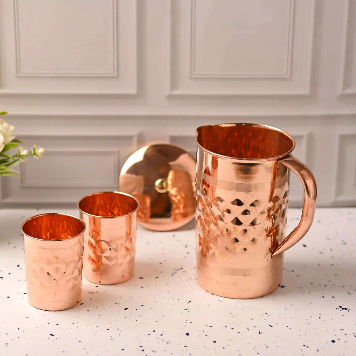 Copper Diamond Design Jug with Four Glass set (8.8 Inch) Vedansh Craft