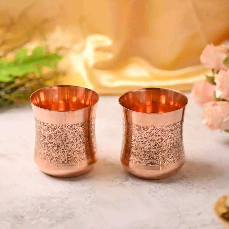 Copper Hand Carved Glass Pair (3.5 Inch) Vedansh Craft