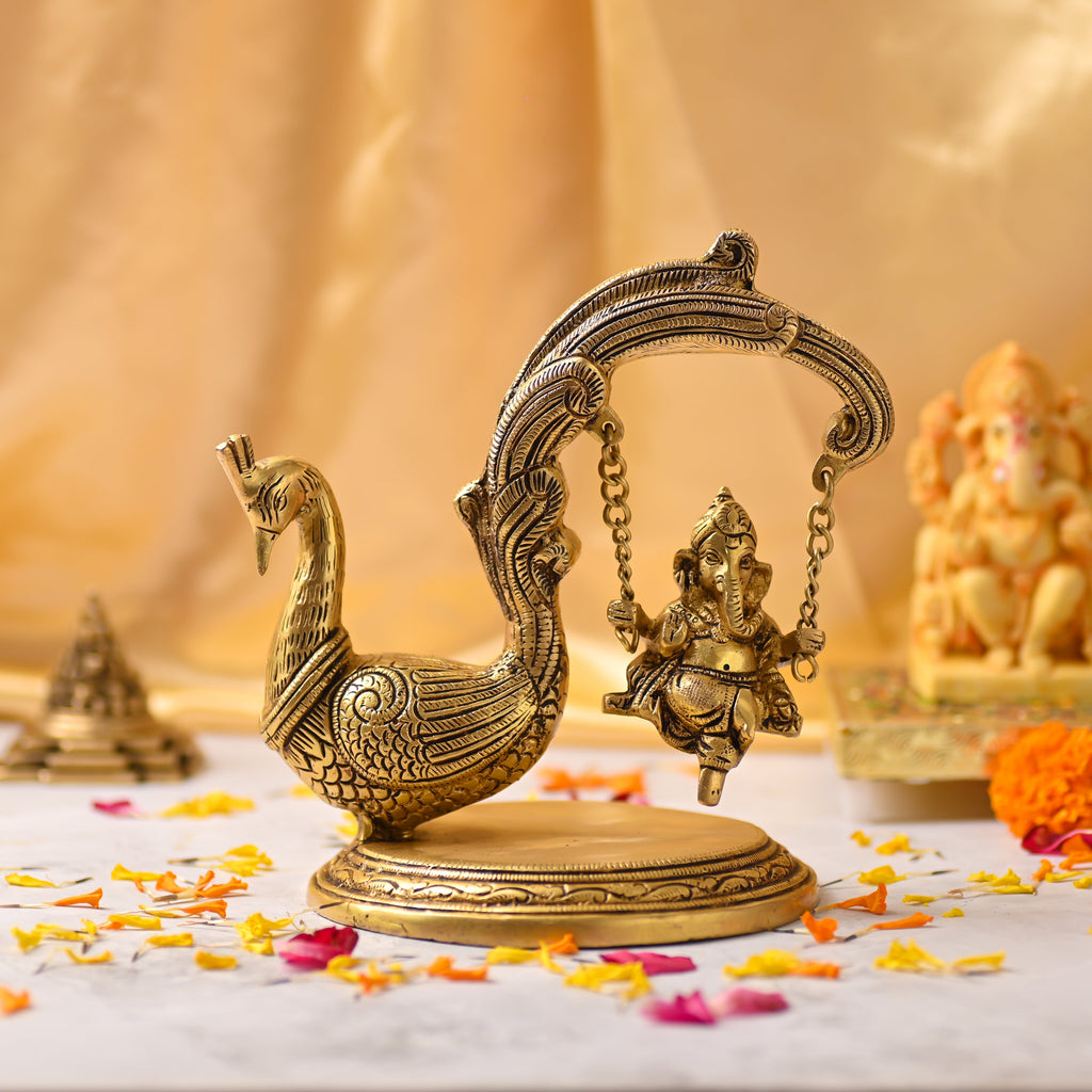 Brass Peacock Jhula with Ganesha Idol – Premium Decor (8 Inch) Vedansh Craft