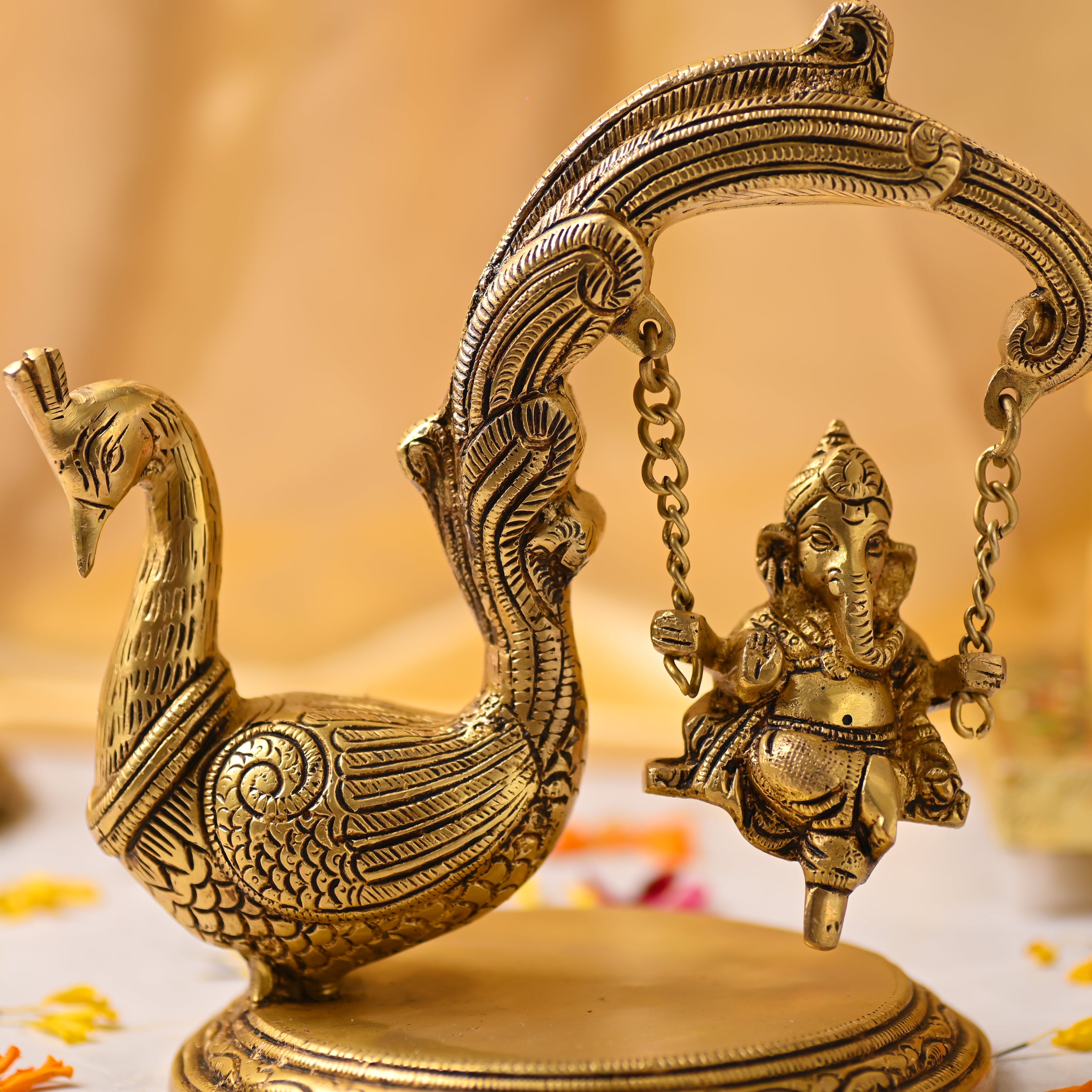 Brass Peacock Jhula with Ganesha Idol – Premium Decor (8 Inch) Vedansh Craft