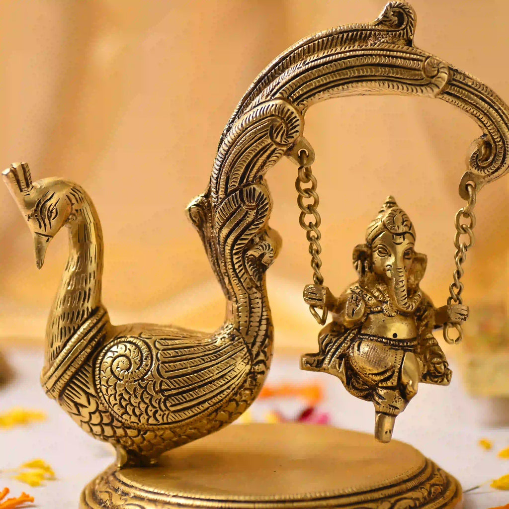 Brass Peacock Jhula with Ganesha Idol – Premium Decor (8 Inch) Vedansh Craft