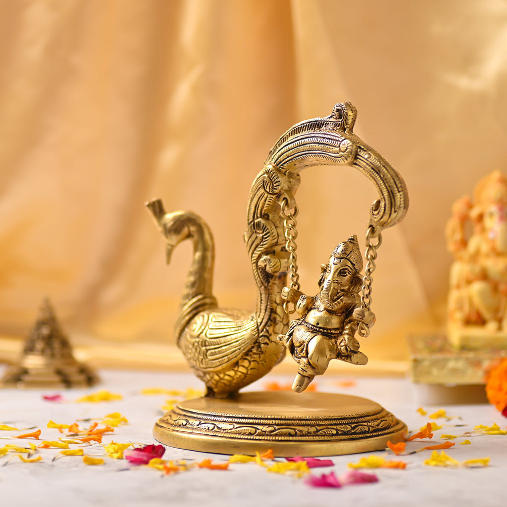 Brass Peacock Jhula with Ganesha Idol – Premium Decor (8 Inch) Vedansh Craft