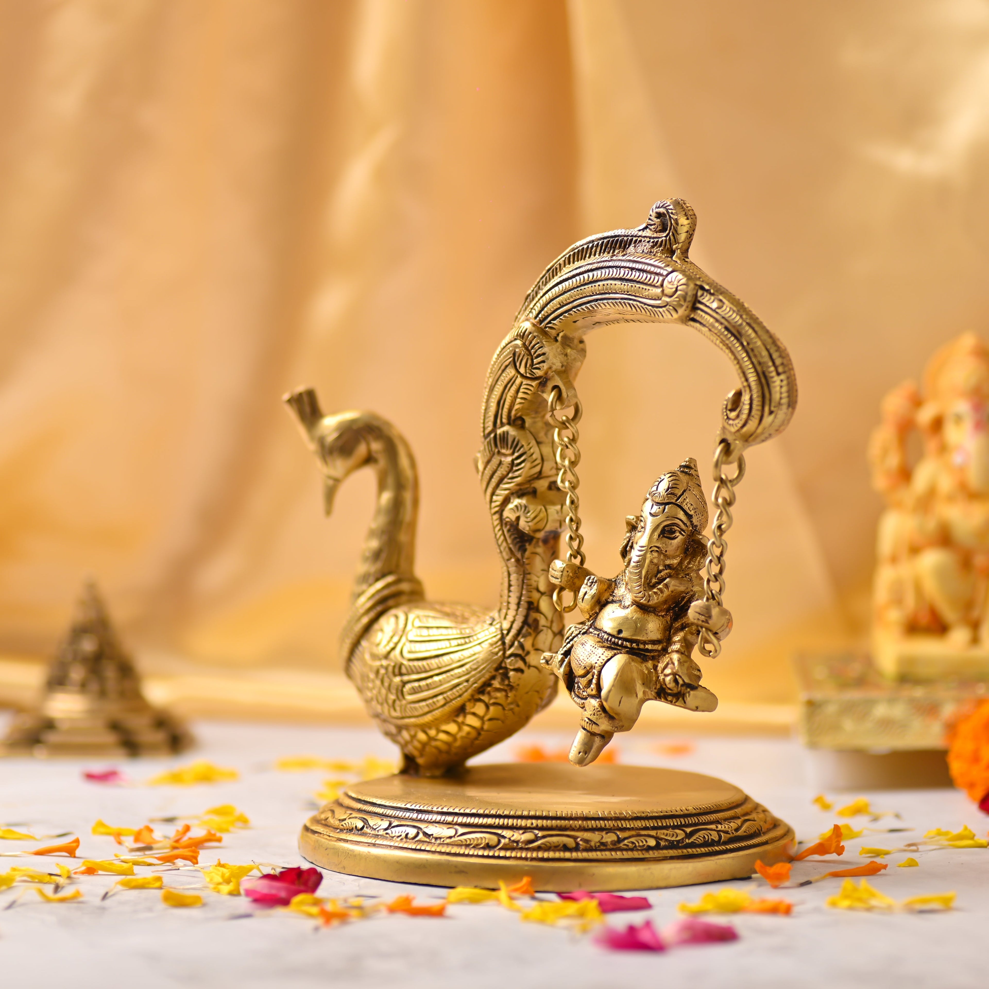 Brass Peacock Jhula with Ganesha Idol – Premium Decor (8 Inch) Vedansh Craft