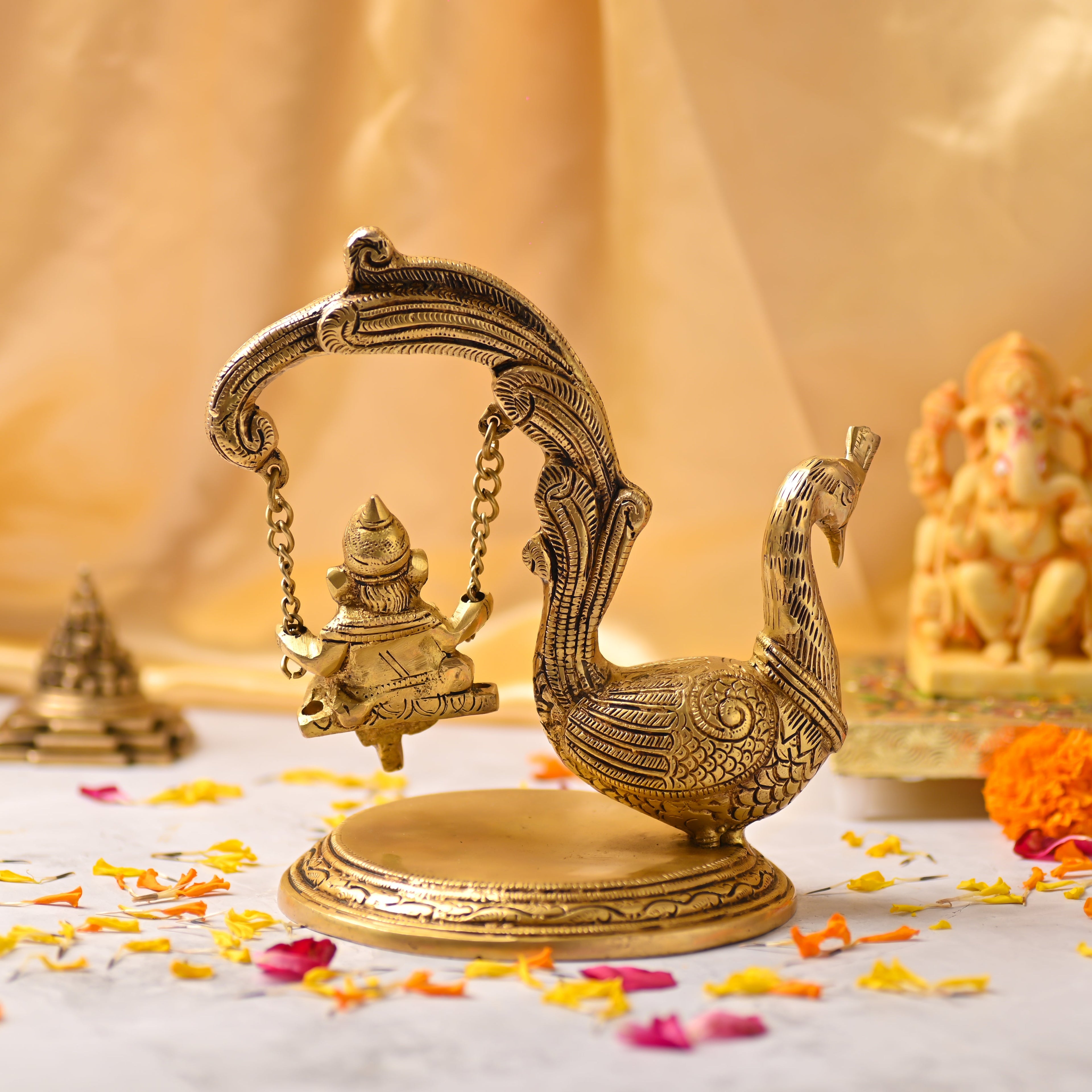 Brass Peacock Jhula with Ganesha Idol – Premium Decor (8 Inch) Vedansh Craft