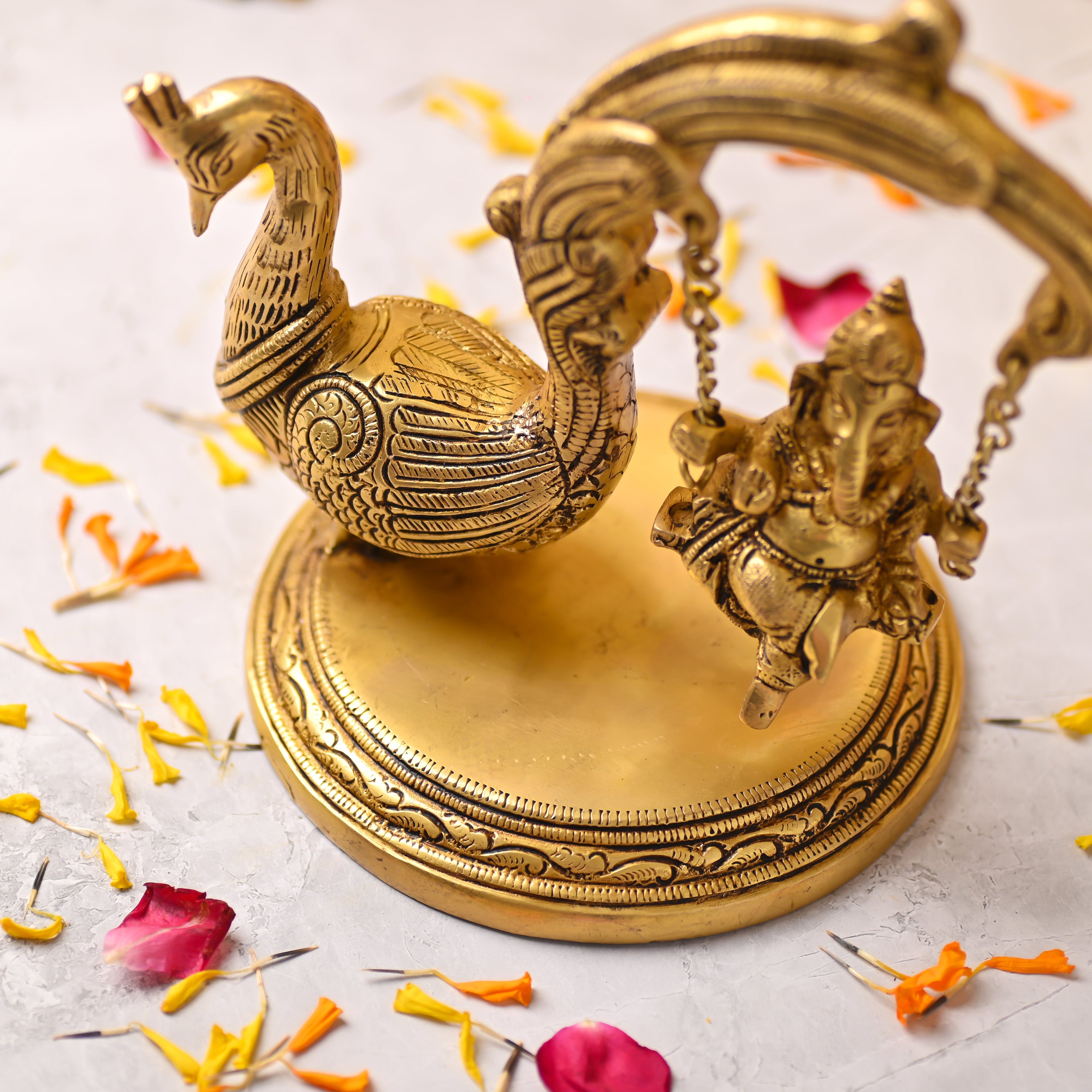 Brass Peacock Jhula with Ganesha Idol – Premium Decor (8 Inch) Vedansh Craft