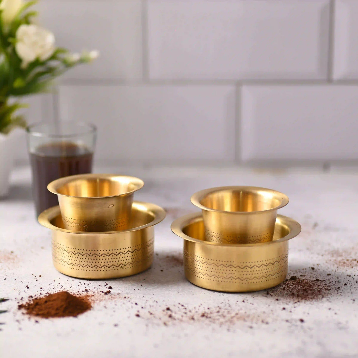 Brass Designer Coffee Davara Cup Pair (2.5 Inch) Vedansh Craft