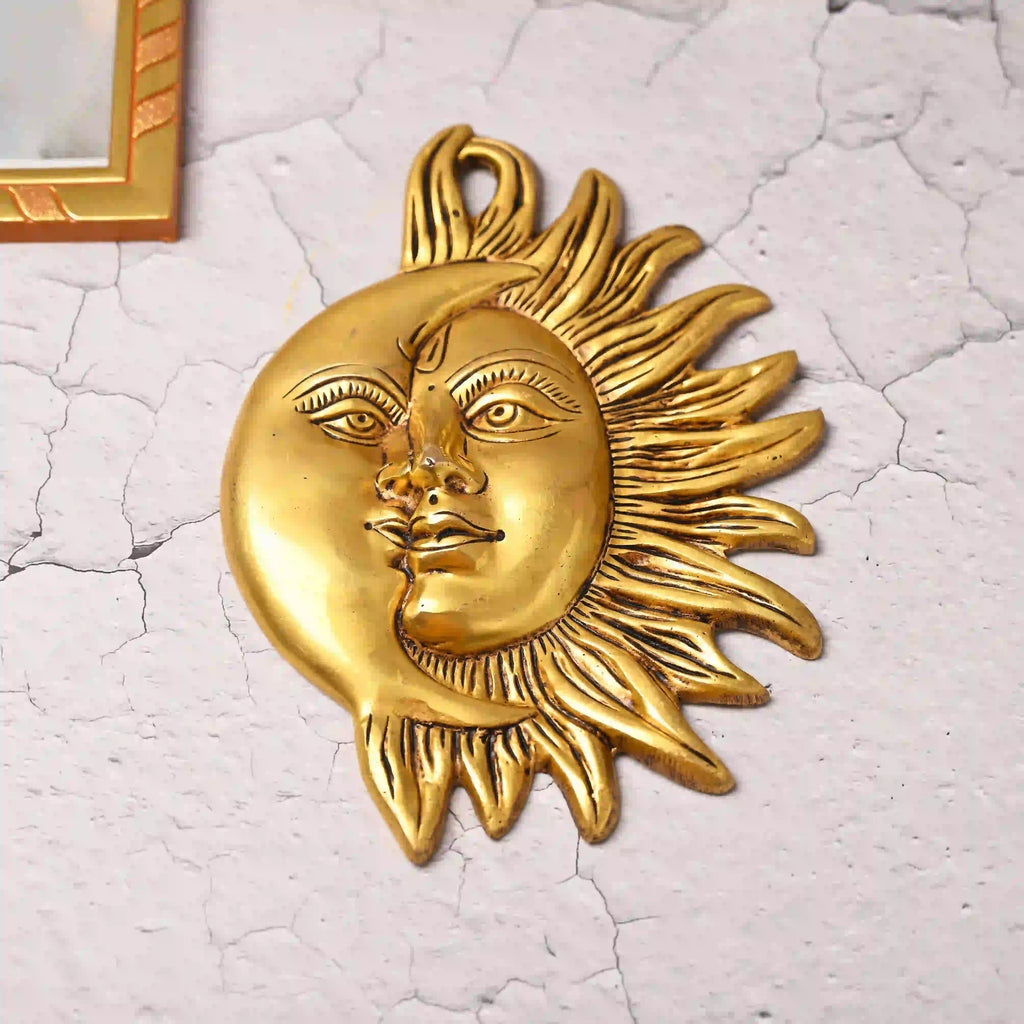Brass Sun With Moon Wall Hanging – Handmade Premium Brass Decor (8.5 Inch) Vedansh Craft