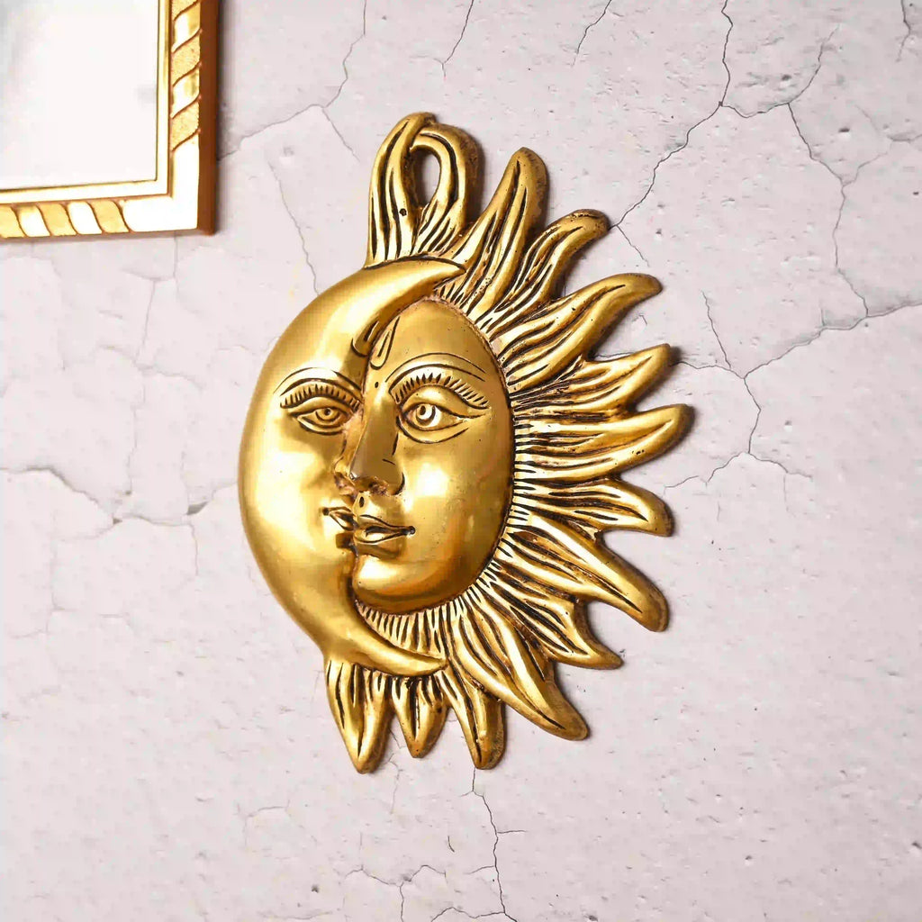 Brass Sun With Moon Wall Hanging – Handmade Premium Brass Decor (8.5 Inch) Vedansh Craft
