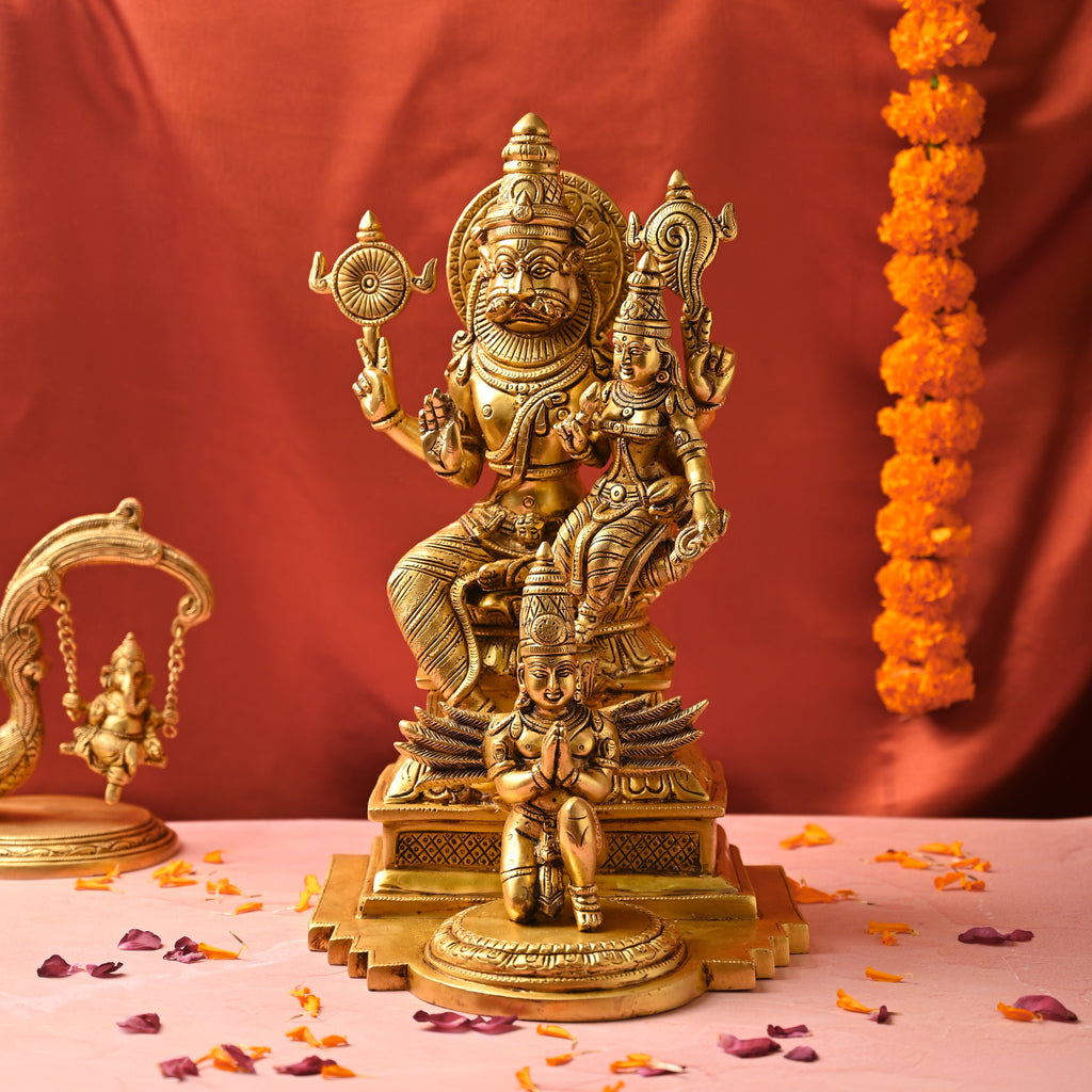 Brass Sitting Lakshmi Narasimbha and Garuda Idol (16.4 Inch) Vedansh Craft