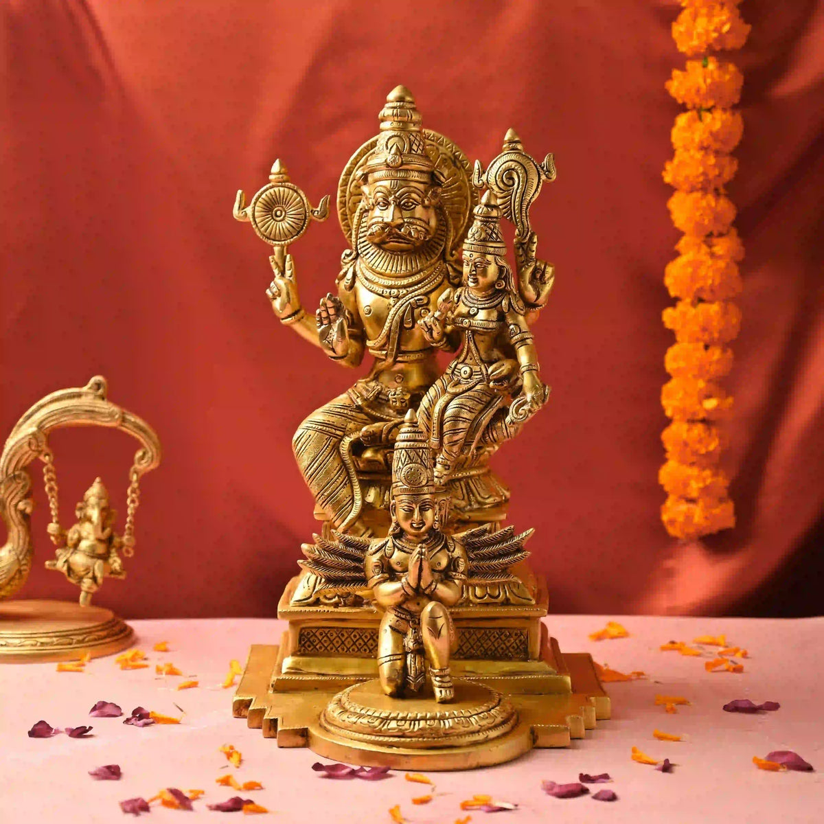 Brass Sitting Lakshmi Narasimbha and Garuda Idol (16.4 Inch) Vedansh Craft