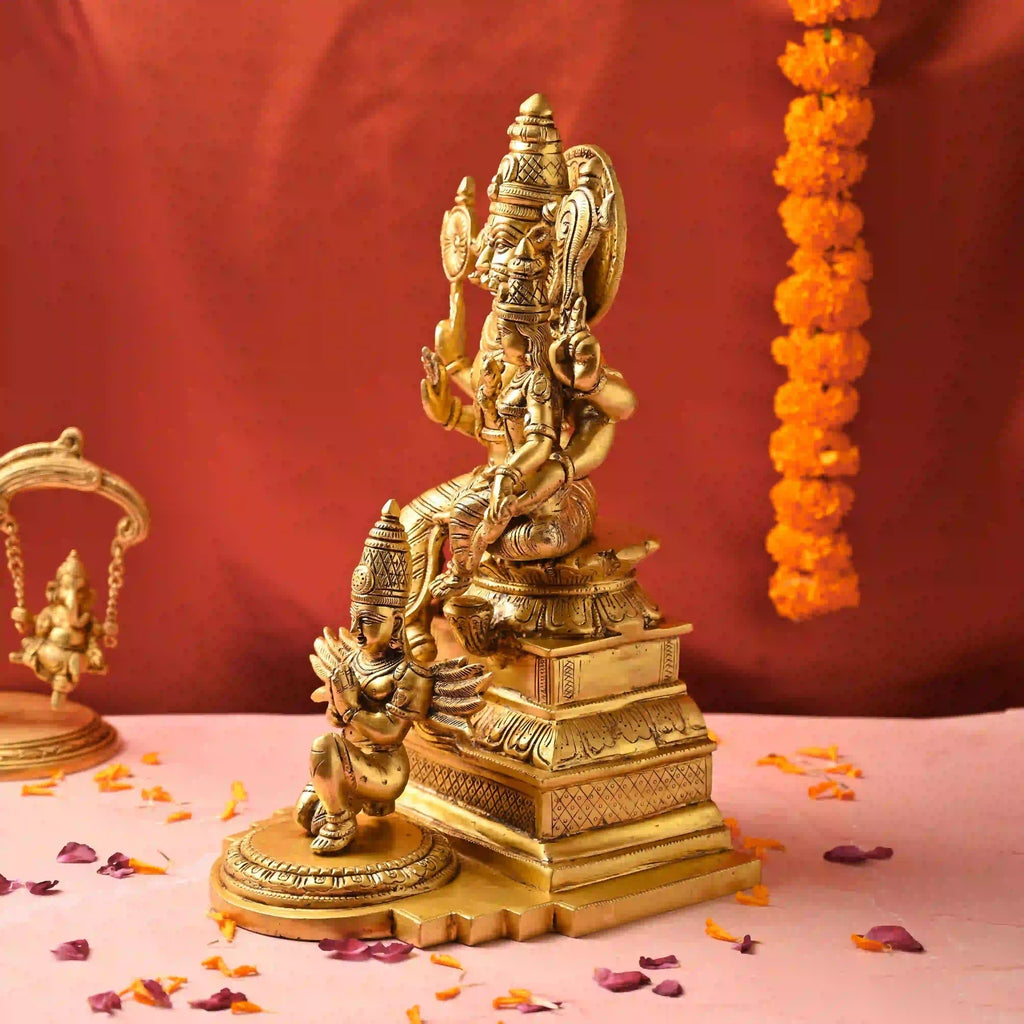 Brass Sitting Lakshmi Narasimbha and Garuda Idol (16.4 Inch) Vedansh Craft