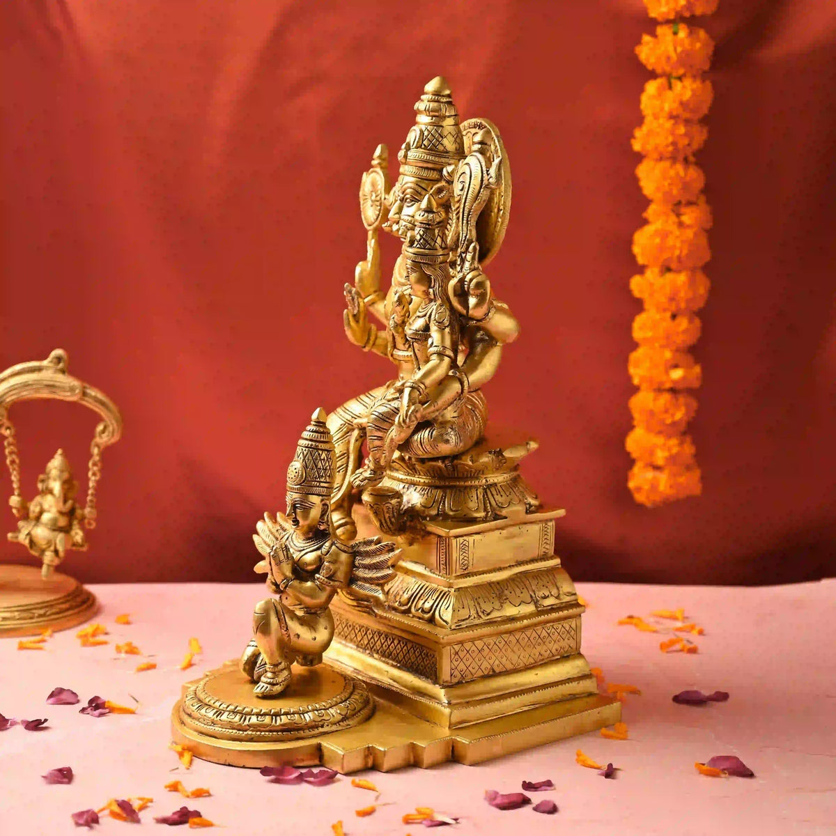 Brass Sitting Lakshmi Narasimbha and Garuda Idol (16.4 Inch) Vedansh Craft