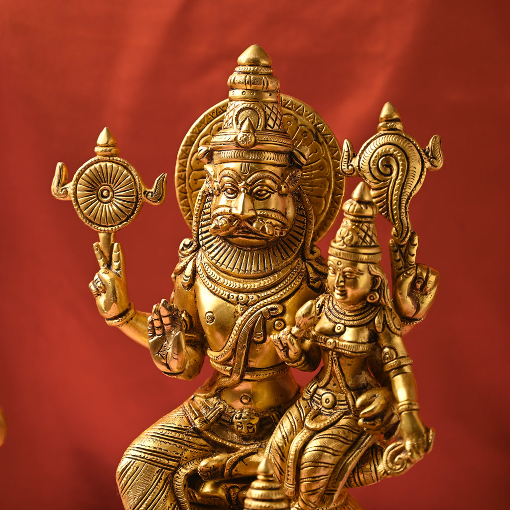 Brass Sitting Lakshmi Narasimbha and Garuda Idol (16.4 Inch) Vedansh Craft