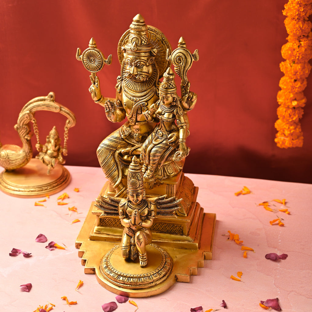 Brass Sitting Lakshmi Narasimbha and Garuda Idol (16.4 Inch) Vedansh Craft