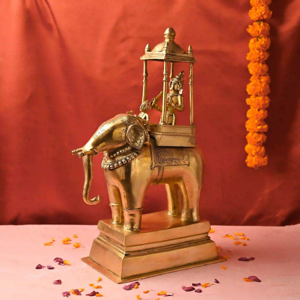 Brass Hindu Deity Seated on Elephant Statue With Mahavat (20.5 Inch) Vedansh Craft