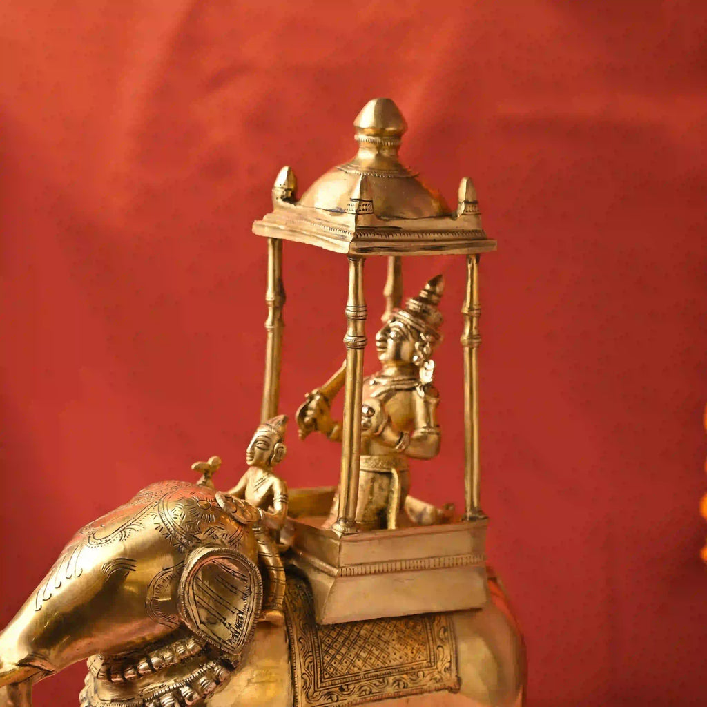 Brass Hindu Deity Seated on Elephant Statue With Mahavat (20.5 Inch) Vedansh Craft